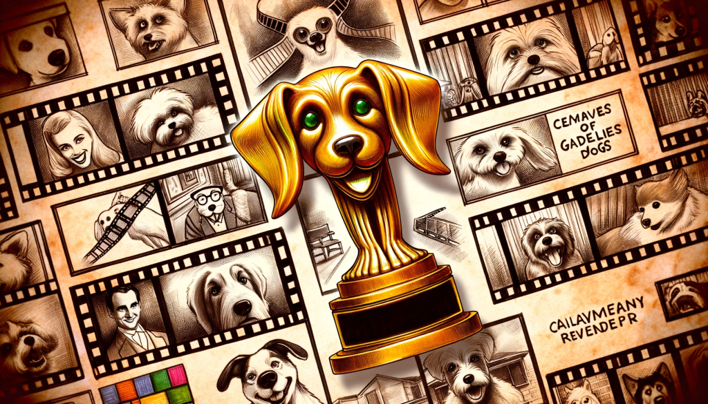 Desenho de um troféu dourado em forma de cachorro, cercado por tiras de filmes que mostram cenas icônicas de filmes sobre cães. O fundo tem uma mistura de tons sépia antigos e cores contemporâneas vibrantes.